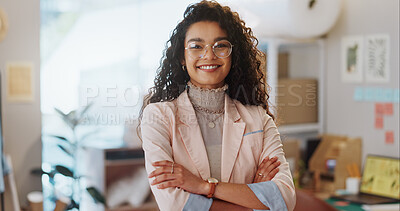 Buy stock photo Portrait, business woman and fashion designer with arms crossed in clothes store or startup. Confidence, happy tailor and face of professional, entrepreneur and creative worker in glasses in Brazil