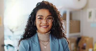 Buy stock photo Portrait, happy business woman and designer in boutique, clothes store or startup. Confidence, face of employee and professional smile, entrepreneur and creative fashion worker in glasses in Brazil