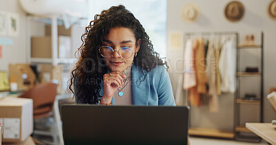 Buy stock photo Business, thinking and woman with a laptop, ecommerce and connection with startup, website information and planning. Person, entrepreneur and employee with a pc, brainstorming and online reading