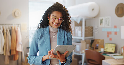Buy stock photo Ecommerce, boxes and woman with a tablet, business and smile with connection, internet and delivery. Face, person and employee with tech, shipping and company website with online order or digital app