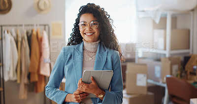 Buy stock photo Portrait, boxes and woman with a tablet, ecommerce and smile with connection, internet and delivery. Face, person and employee with digital app, shipping or company website with online order and tech