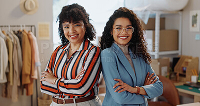 Buy stock photo Woman, portrait and small business team of professionals with arms crossed in fashion or management at boutique. Female people smile in confidence for leadership in supply chain at retail store