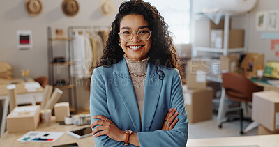 Buy stock photo Portrait, business woman and fashion designer with arms crossed in clothes store or startup. Confidence, happy tailor and face of professional, entrepreneur and creative worker in glasses in Brazil