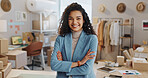 Happy woman, portrait and small business professional in fashion with arms crossed for management at boutique. Female person smile in confidence or logistics for supply chain at retail store or shop