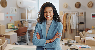 Buy stock photo Happy woman, portrait and small business professional in fashion with arms crossed for management at boutique. Female person smile in confidence or logistics for supply chain at retail store or shop