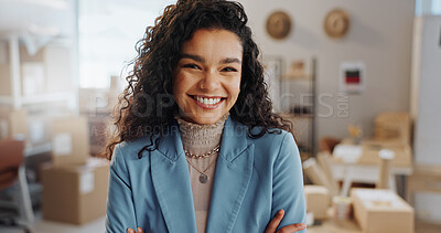 Buy stock photo Happy woman, portrait and ecommerce of small business professional, fashion or management at boutique. Face of creative female person smile in confidence for logistics, supply chain or retail startup