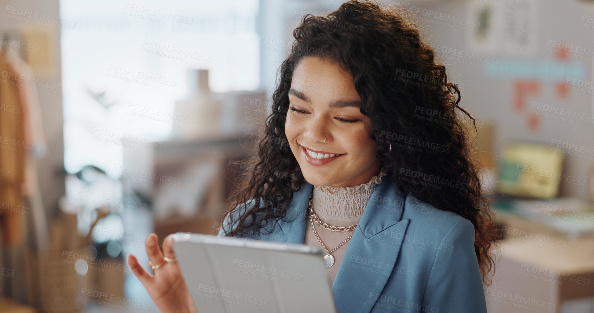 Buy stock photo Happy, boxes and woman with a tablet, business and smile with connection, internet or delivery with online order. Digital app, person or employee with ecommerce, shipping or company website with sale