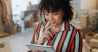 Buy stock photo Business, supply chain and woman on tablet thinking for delivery, logistics and startup. Ecommerce, online shopping and person on digital tech for website, internet and shipping or distribution