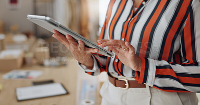 Buy stock photo Business woman, hands and tablet in research, networking or social media for logistics at boutique. Closeup of female person or employee working on technology for online shopping or ecommerce store 