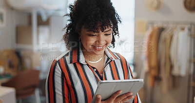 Buy stock photo Businesswoman, happy and smile with tablet in office for customer review, feedback or success of delivery. African person, fashion designer and excited for growth in sales,  retail and e commerce 