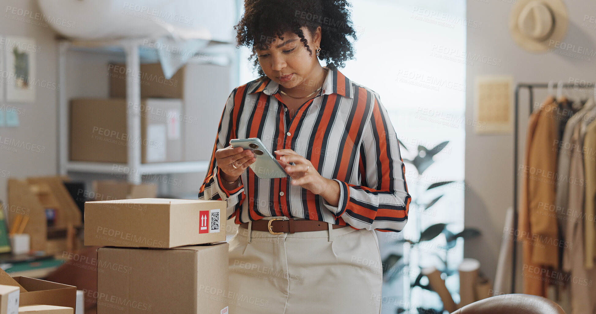 Buy stock photo Business woman, phone and boxes in logistics for communication, online order or delivery at boutique. Female person or employee on mobile smartphone for shipping, networking or small business store