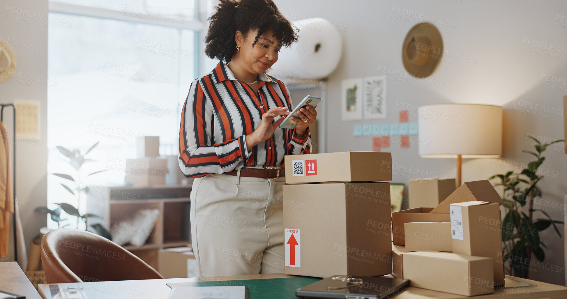 Buy stock photo Happy woman, phone and boxes in small business, logistics or communication in customer service or online order. Female person or employee on mobile smartphone in retail shipping or networking at shop