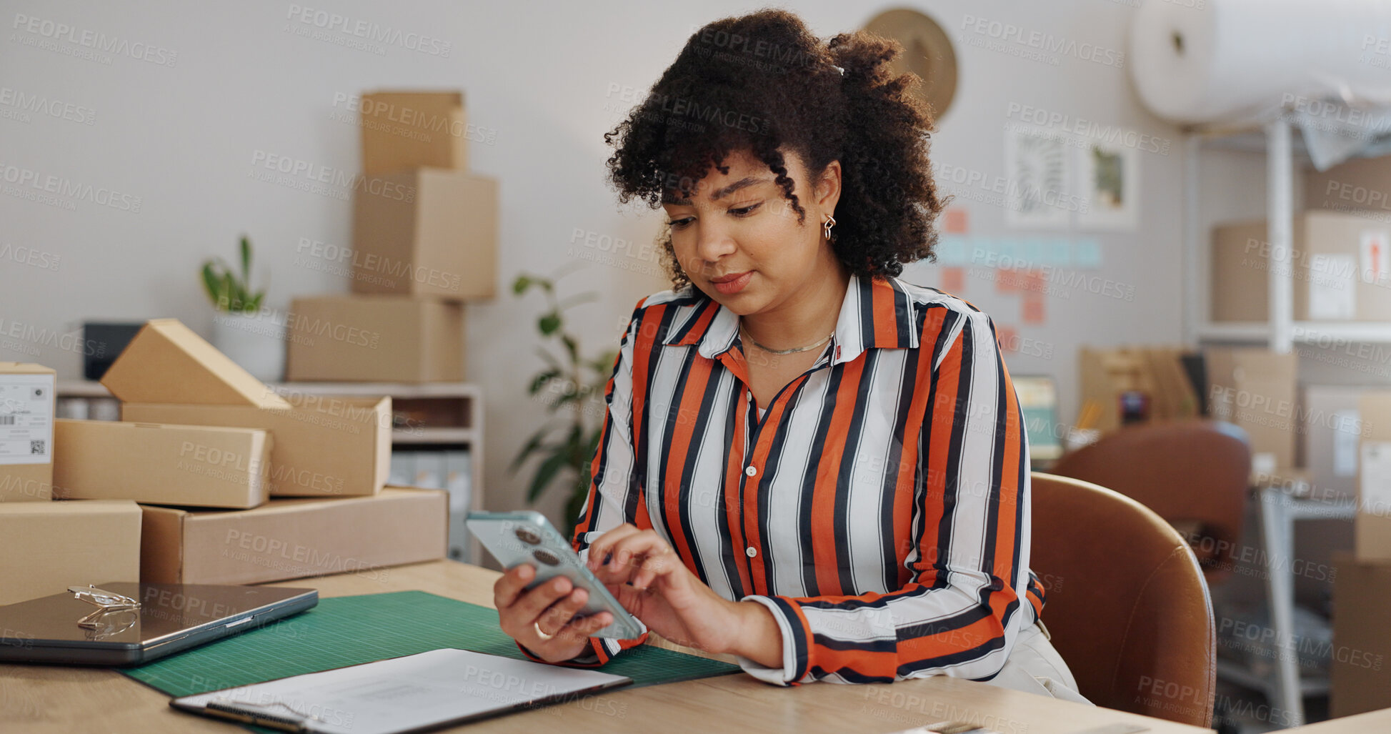 Buy stock photo Woman, phone and boxes in small business, logistics or communication for customer service or online order. Female person or employee on mobile smartphone for retail shipping or networking at store