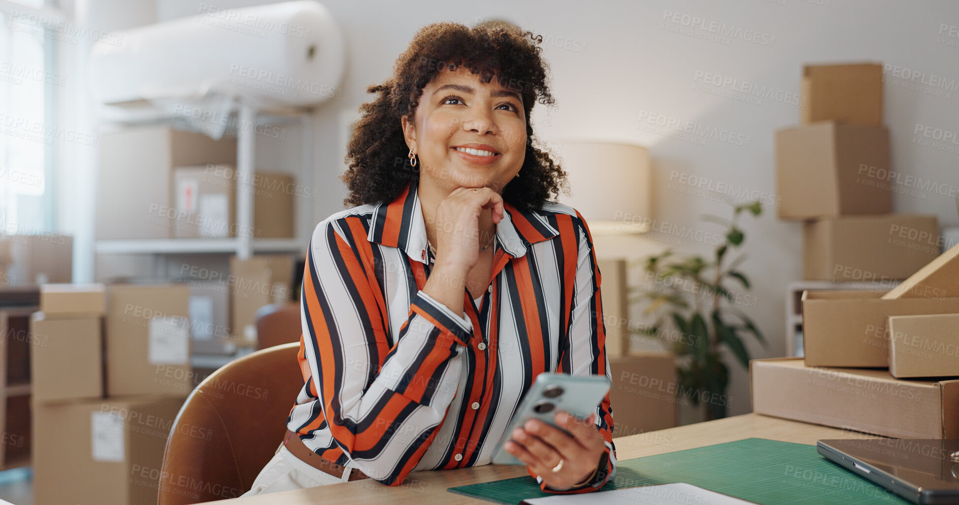 Buy stock photo Businesswoman, thinking and vision with phone in office for communication with logistics of customer package. African person, female entrepreneur and idea for retail, e commerce or fashion startup