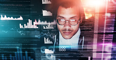Buy stock photo Graphic, hacker and computer for cyber security in the dark for programming, coding or web design. Night, office and a man or programmer with stats overlay for trading or information technology