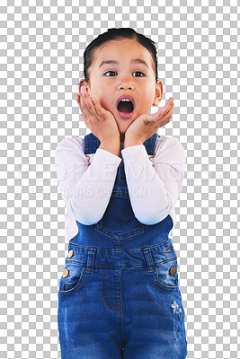 Shocked, wow and girl with hands to face in studio with fear and