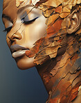 Portrait of female with abstract textured gold make-up style. Creative art for modern artist