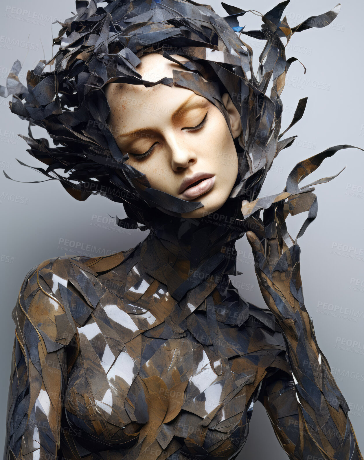 Buy stock photo Portrait of female with abstract textured make-up style. Creative art for modern artist