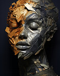 Portrait of female with abstract textured gold make-up style. Creative art for modern artist