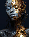 Portrait of female with abstract textured gold make-up style. Creative art for modern artist