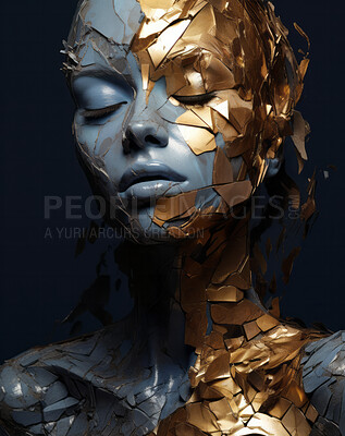 Portrait of female with abstract textured gold make-up style. Creative art for modern artist