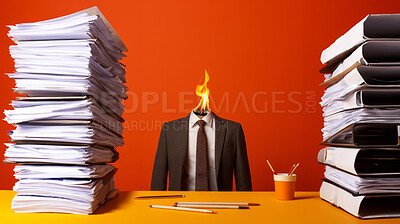 Burnout concept of a man at a desk full of folders, documents and work. Mental Health