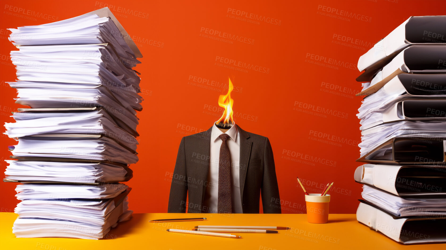 Buy stock photo Burnout concept of a man at a desk full of folders, documents and work. Mental Health