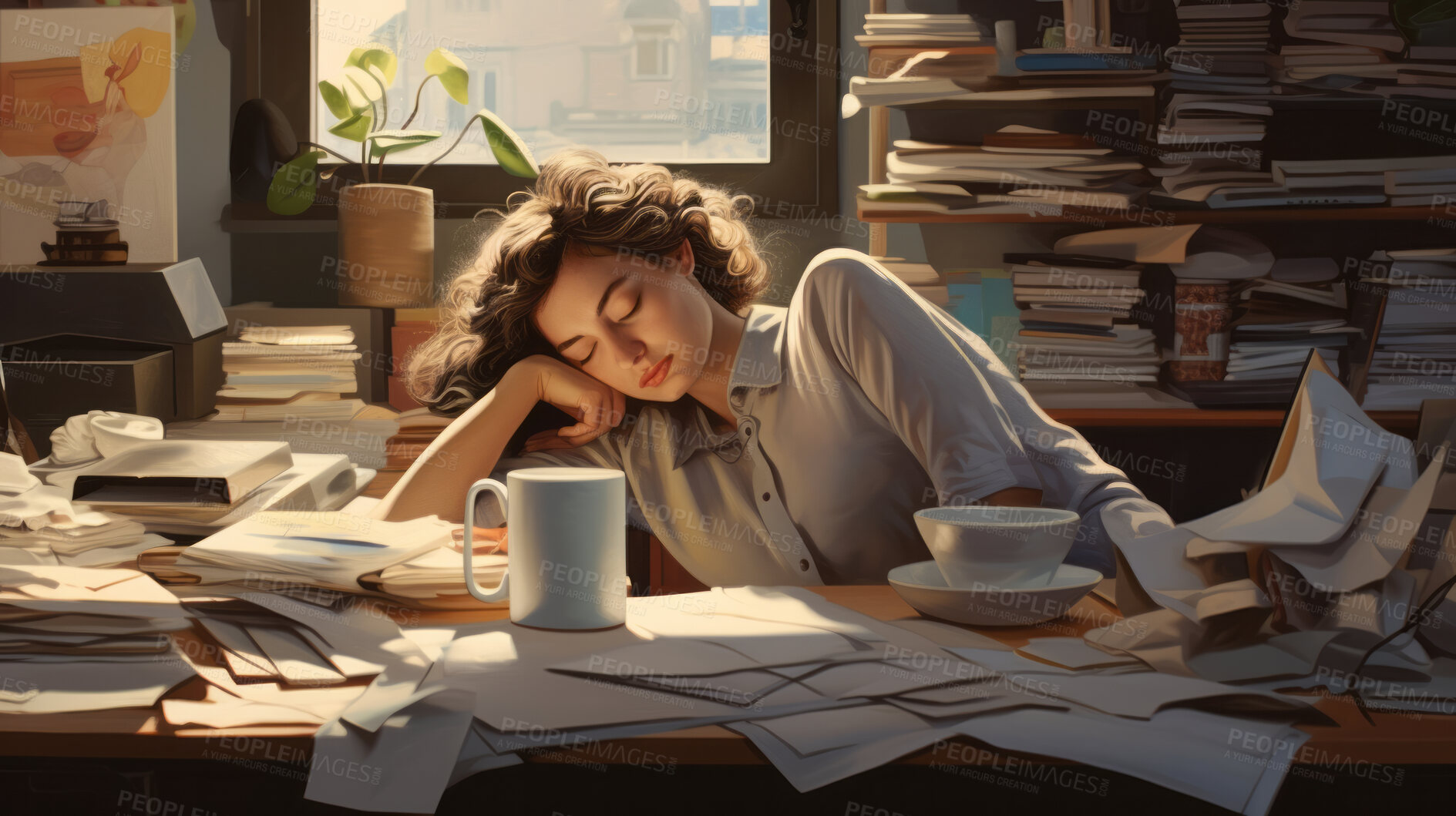 Buy stock photo Exhausted woman in an office full of folders, documents and work. Mental Health concept