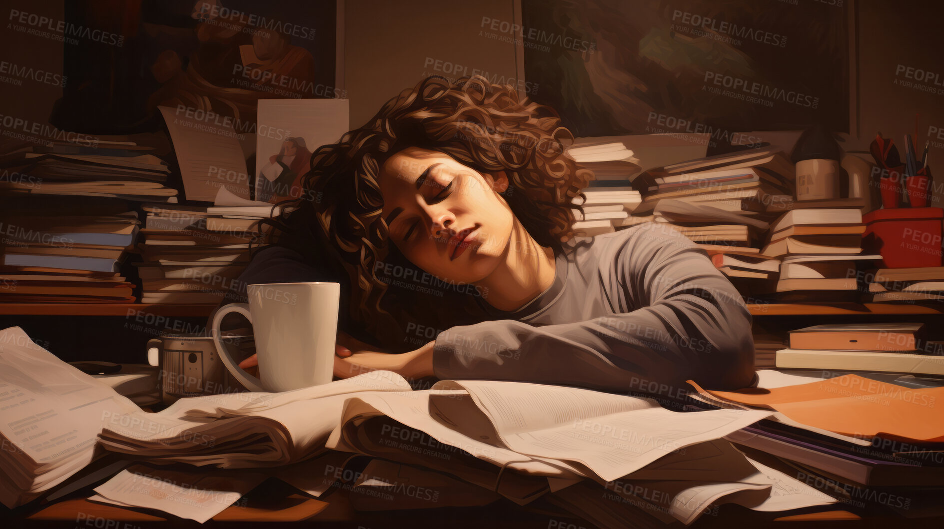 Buy stock photo Exhausted woman in an office full of folders, documents and work. Mental Health concept