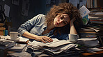 Exhausted woman in an office full of folders, documents and work. Mental Health concept