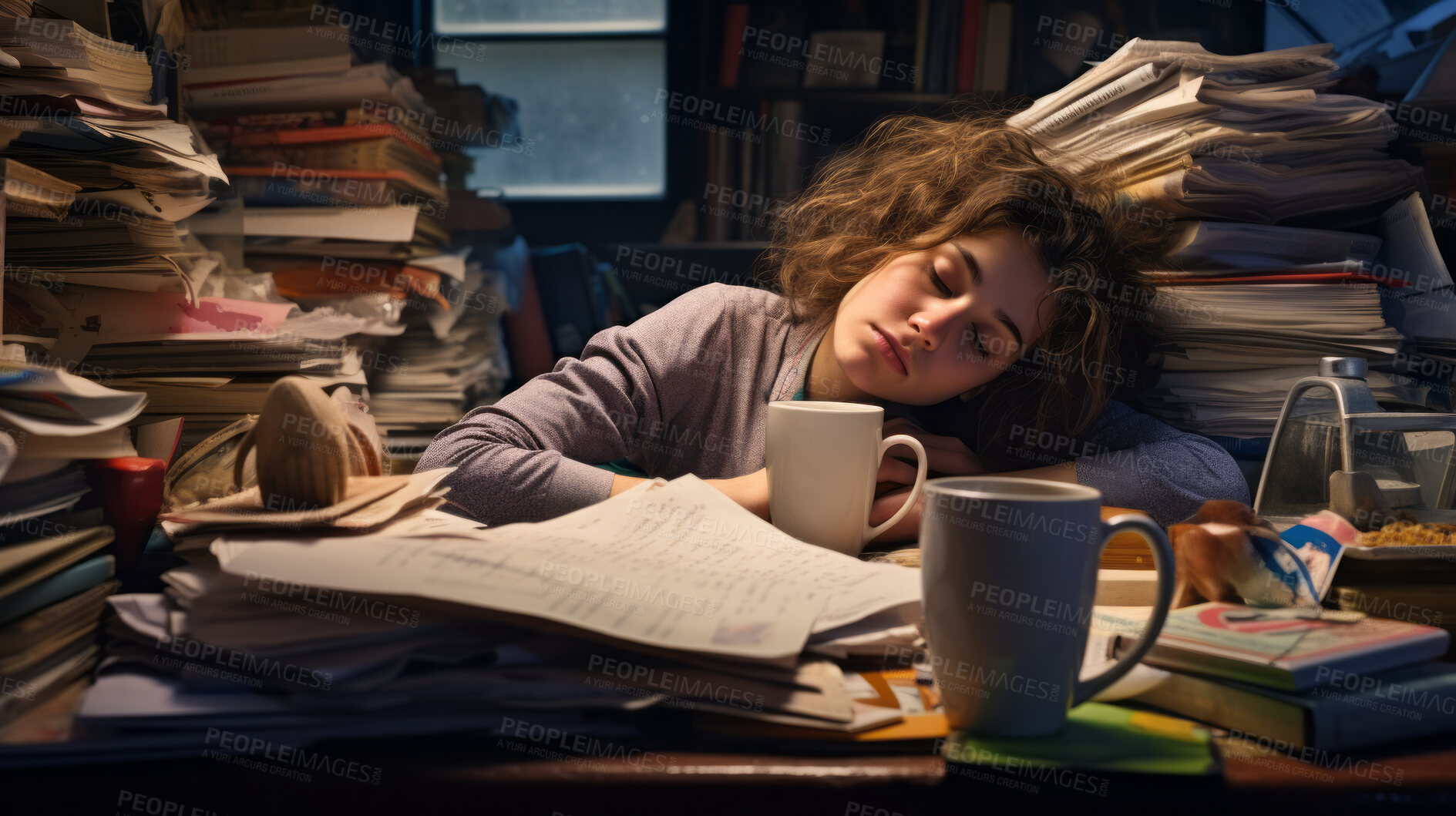 Buy stock photo Exhausted woman in an office full of folders, documents and work. Mental Health concept