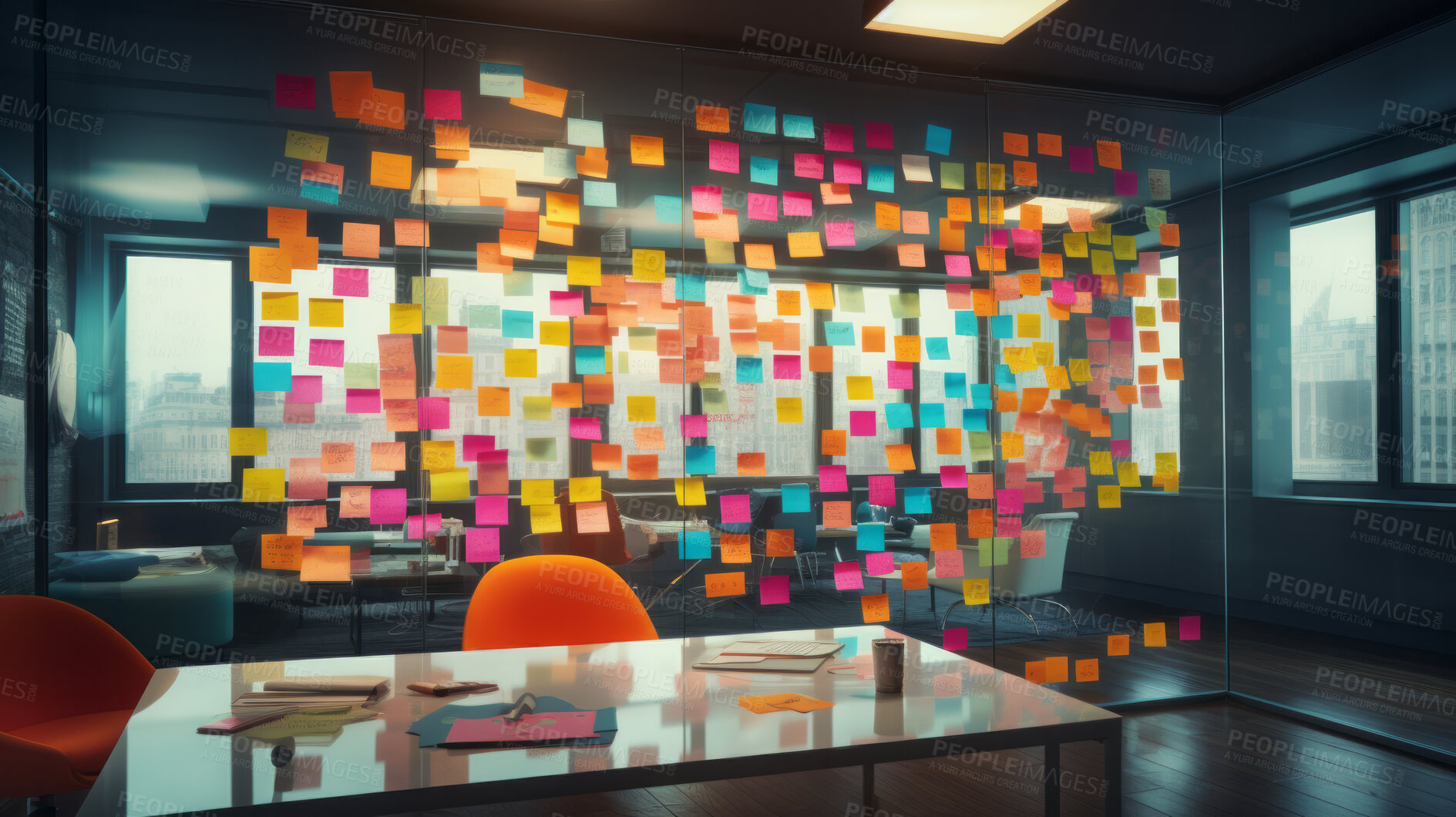 Buy stock photo Bright and colorful post-its or sticky notes on a glass wall. For project planning and strategy