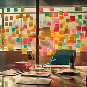Bright and colorful post-its or sticky notes on a glass wall. For ...