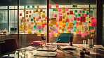 Bright and colorful post-its or sticky notes on a glass wall. For project planning and strategy