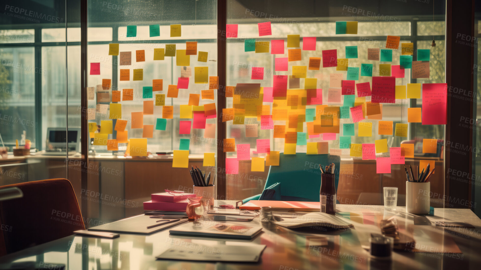 Buy stock photo Bright and colorful post-its or sticky notes on a glass wall. For project planning and strategy