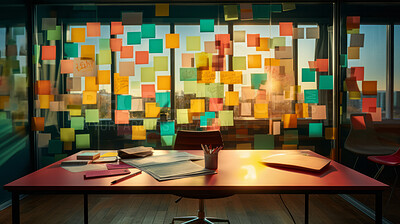 Bright and colorful post-its or sticky notes on a glass wall. For project planning and strategy