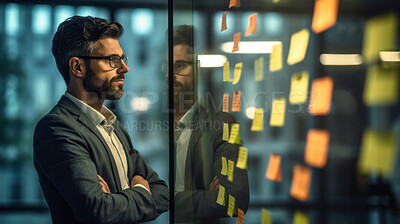 Business man looking and brainstorming with ideas on glass board and sticky note