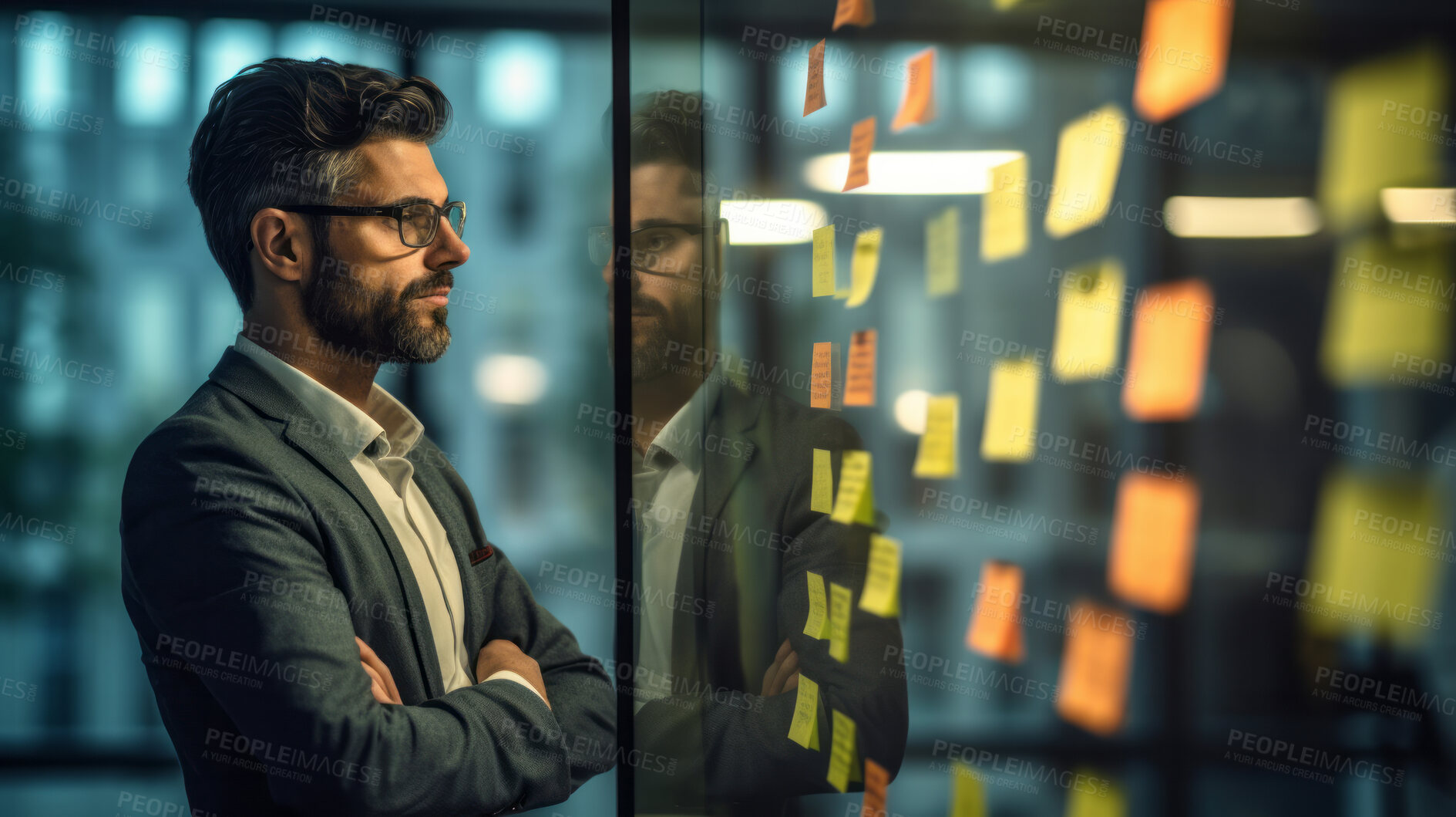 Buy stock photo Business man looking and brainstorming with ideas on glass board and sticky note