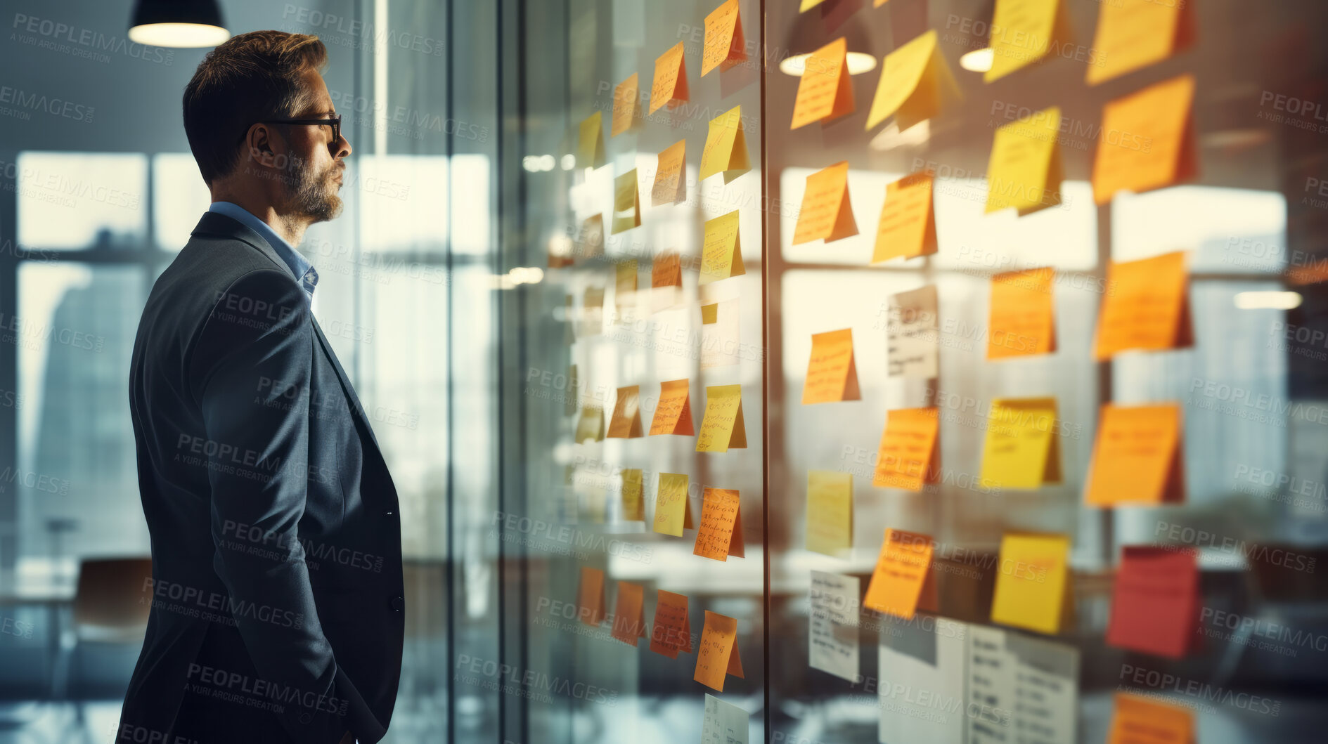 Buy stock photo Business man looking and brainstorming with ideas on glass board and sticky note