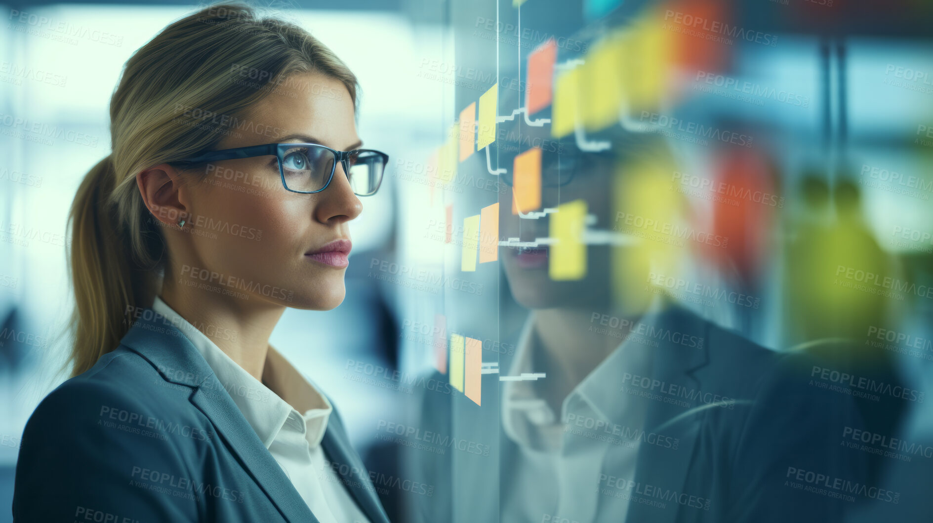 Buy stock photo Woman looking and brainstorming with ideas on glass board and sticky note