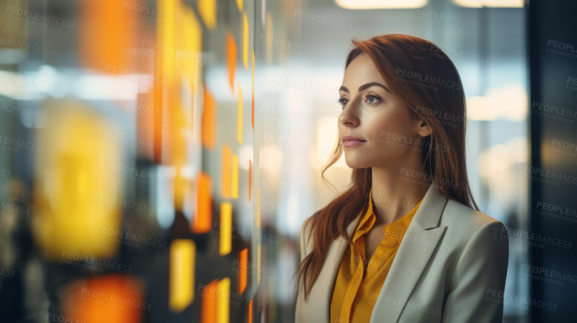 Buy stock photo Woman looking and brainstorming with ideas on glass board and sticky note