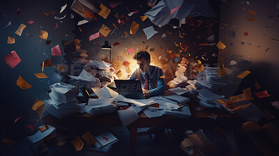 Exhausted man in an office full of folders, documents and work. Mental Health concept
