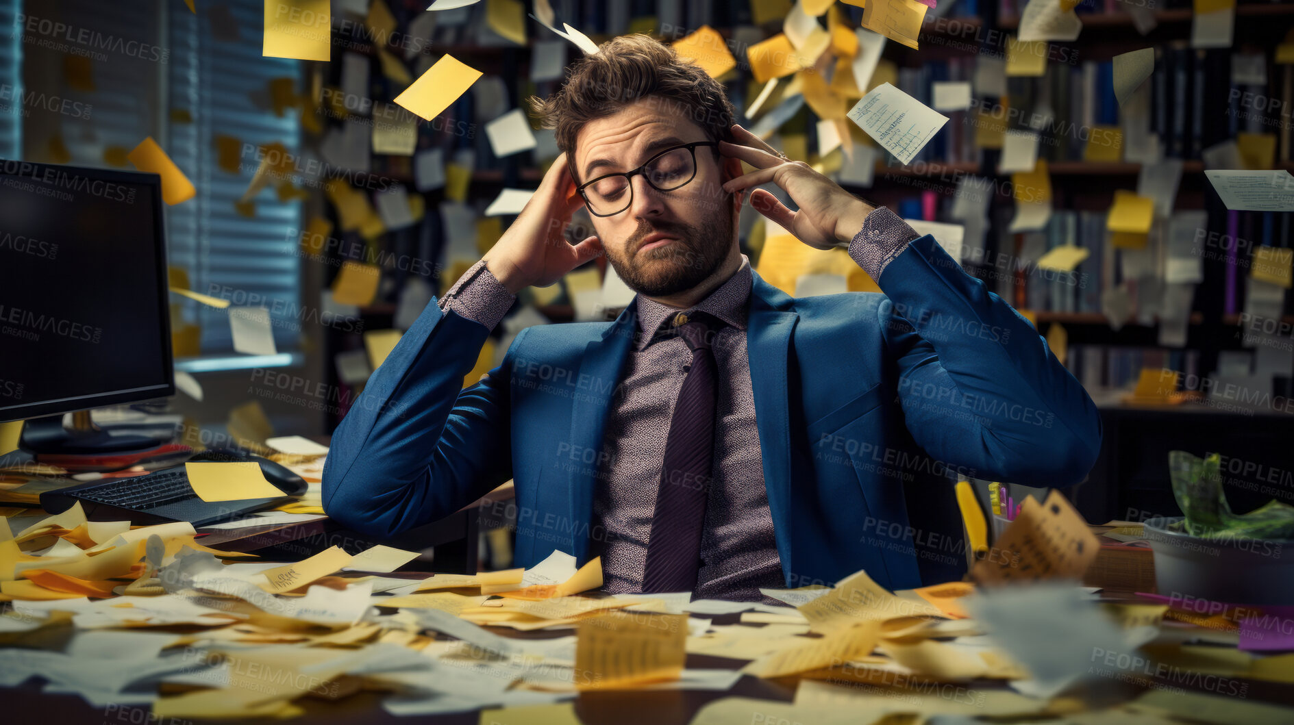 Buy stock photo Business man at work covered with sticky notes. Stress, mental health and burn-out