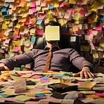 Business man at work covered with sticky notes. Stress, mental health and burn-out