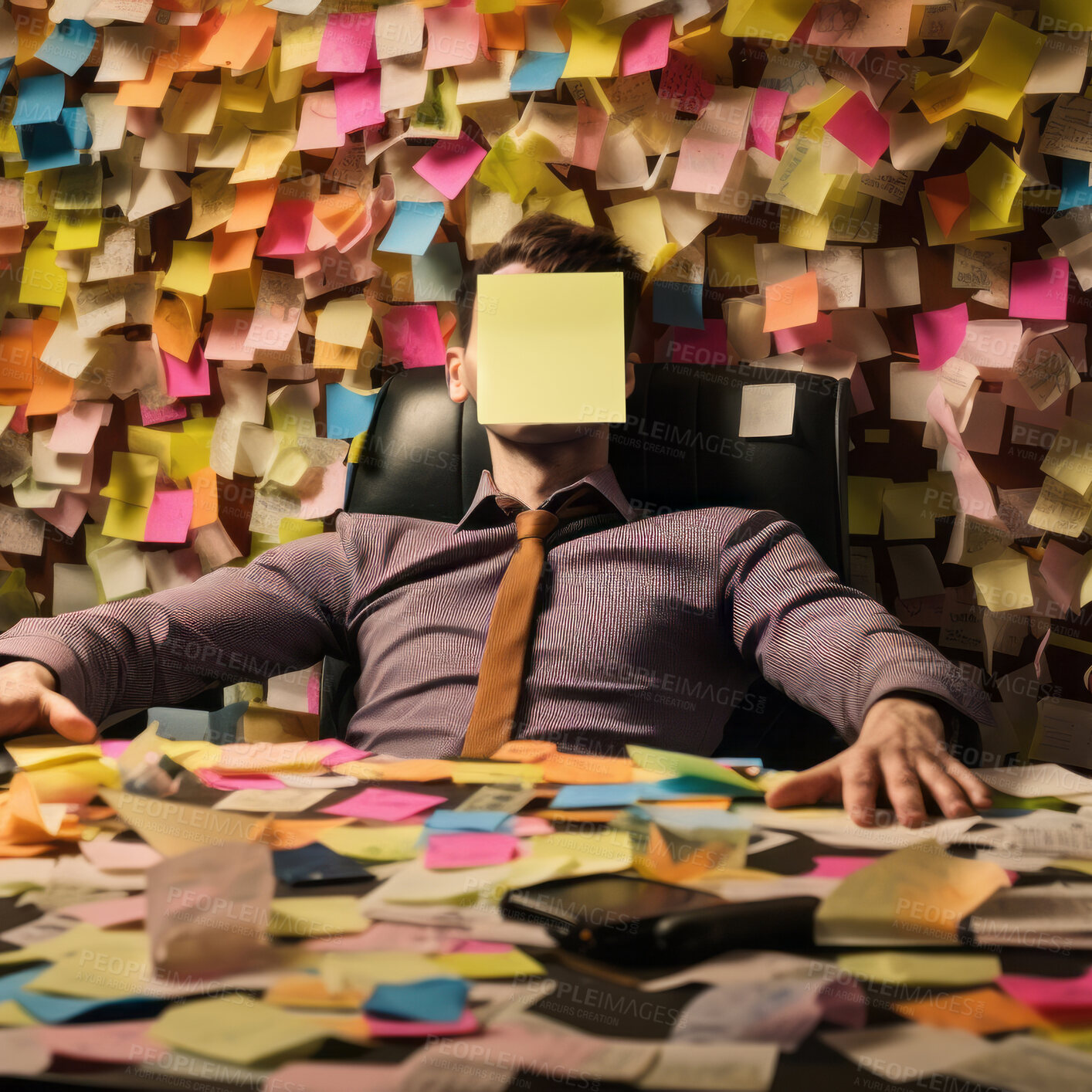 Buy stock photo Business man at work covered with sticky notes. Stress, mental health and burn-out