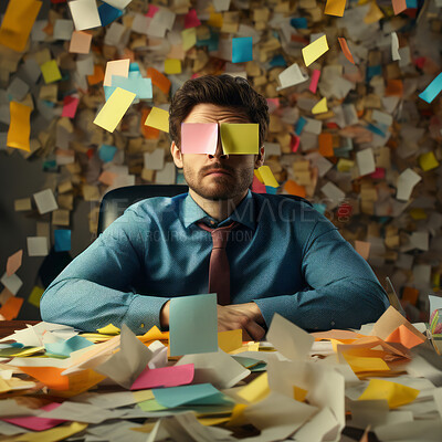 Business man at work covered with sticky notes. Stress, mental health and burn-out