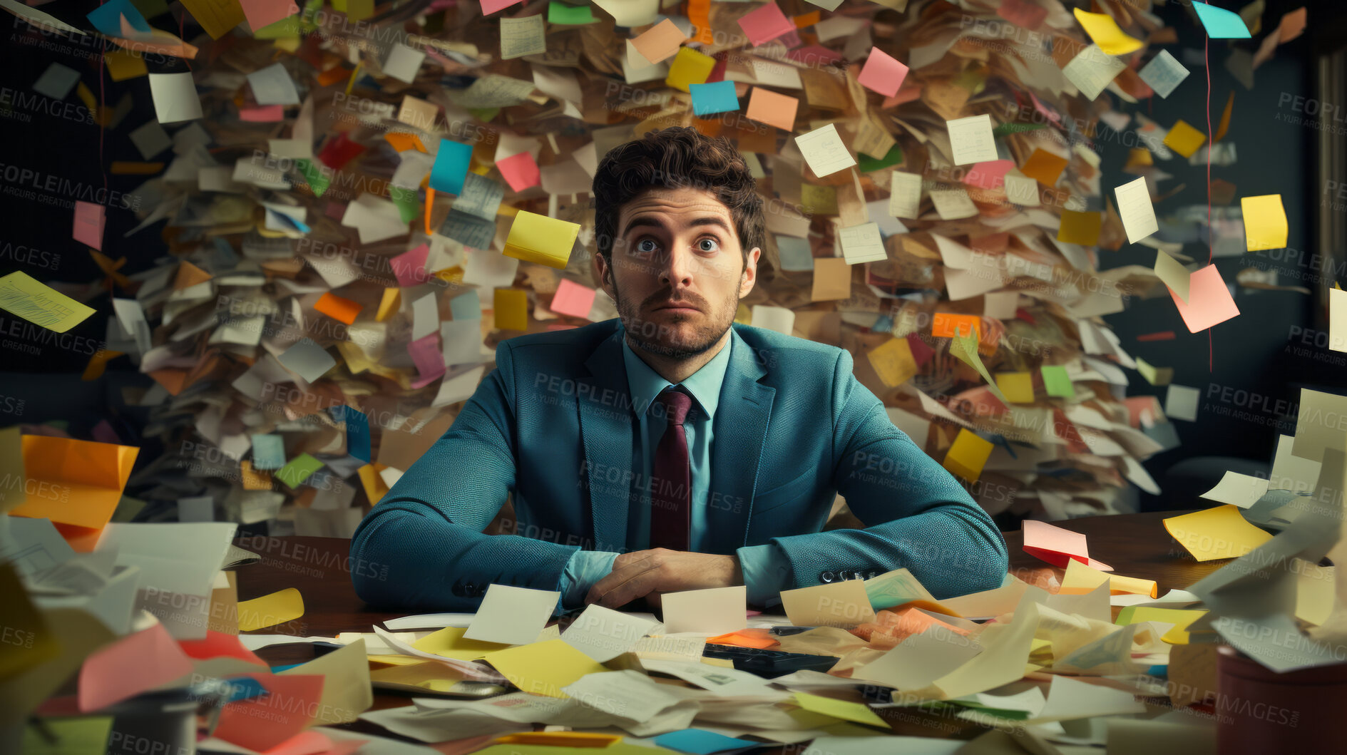 Buy stock photo Business man at work covered with sticky notes. Stress, mental health and burn-out