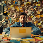 Business man at work covered with sticky notes. Stress, mental health and burn-out