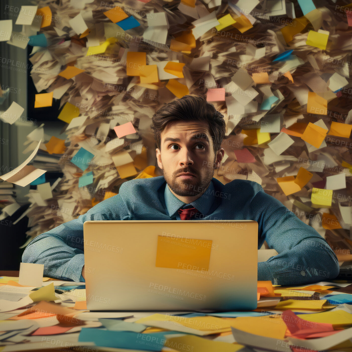 Buy stock photo Business man at work covered with sticky notes. Stress, mental health and burn-out