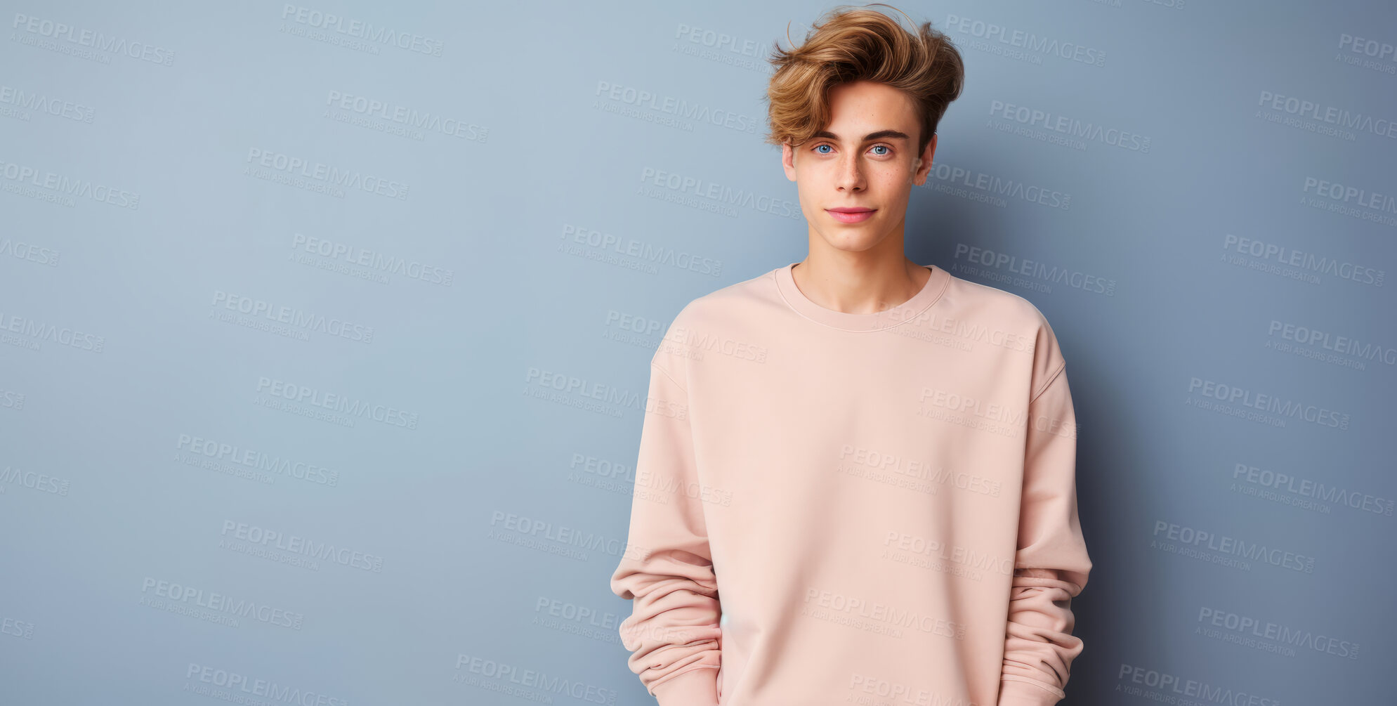 Buy stock photo Blank men's pink t-shirt, jersey. Model showing clothing template.